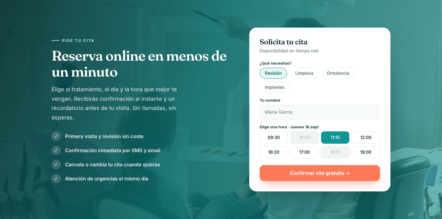 Bloque de reserva de cita online con selección de tratamiento, día y hora en tiempo real