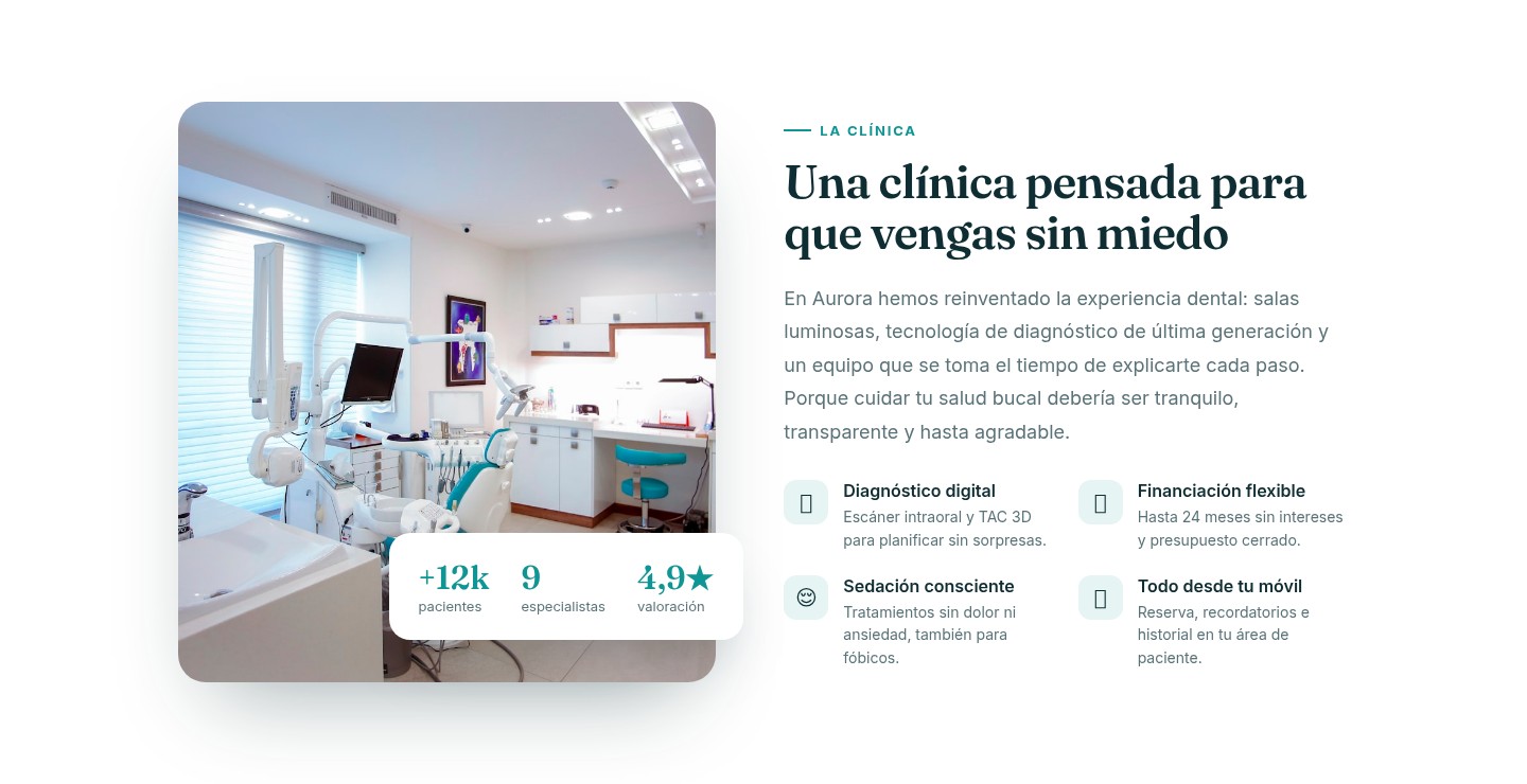 Sección 'La clínica' con instalaciones, especialistas y datos de confianza