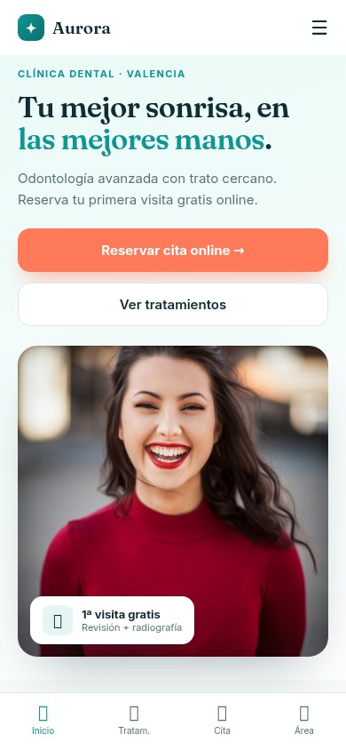 Versión móvil de la web de Aurora con reserva de cita y menú inferior