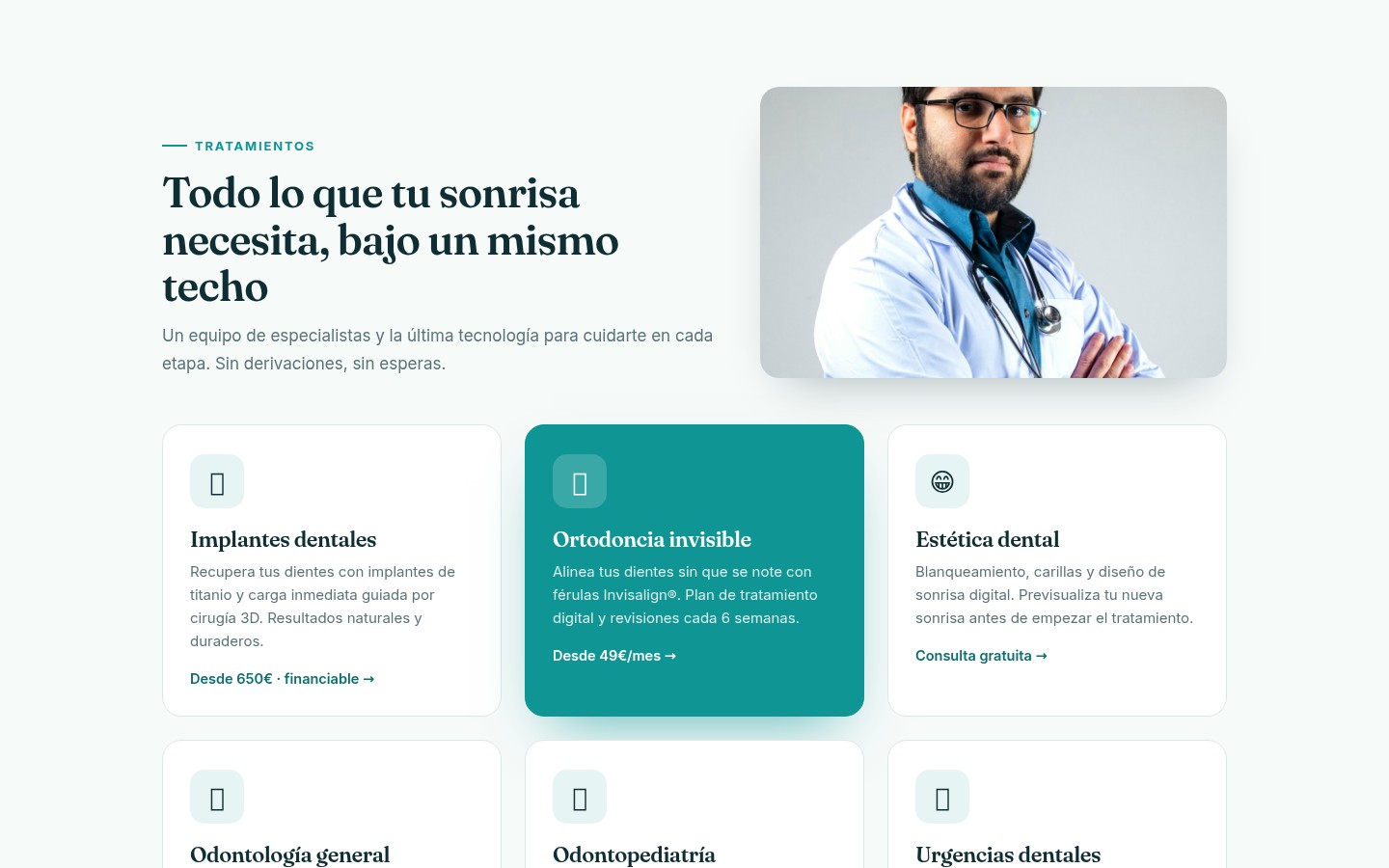 Sección de tratamientos de la web con tarjetas de implantes, ortodoncia y estética dental