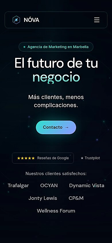 Versión móvil de la web de NÓVA con el hero oscuro y vibrante