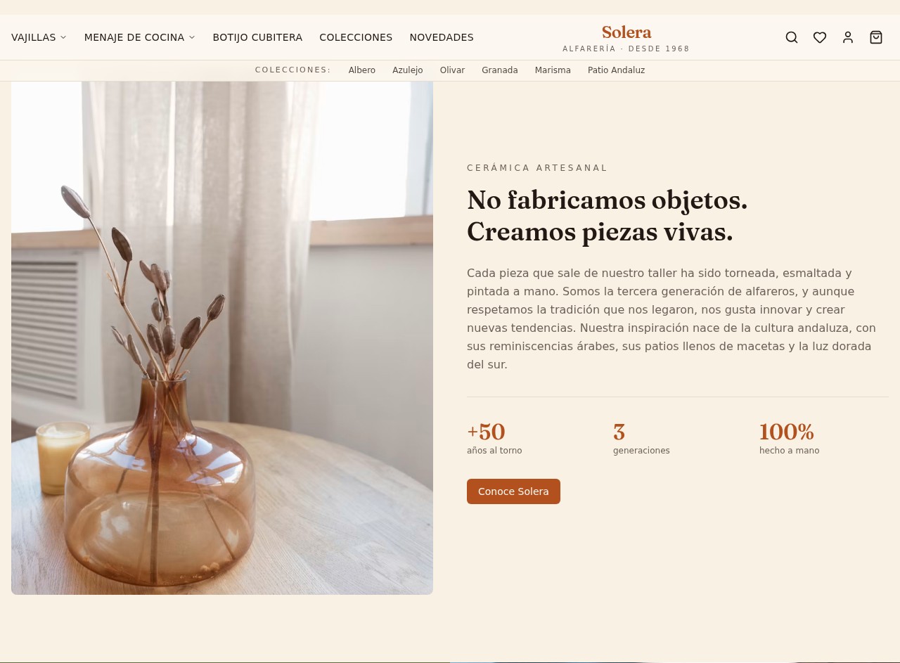 Sección de marca de Solera: el artesano modelando cerámica a mano con tres generaciones al torno