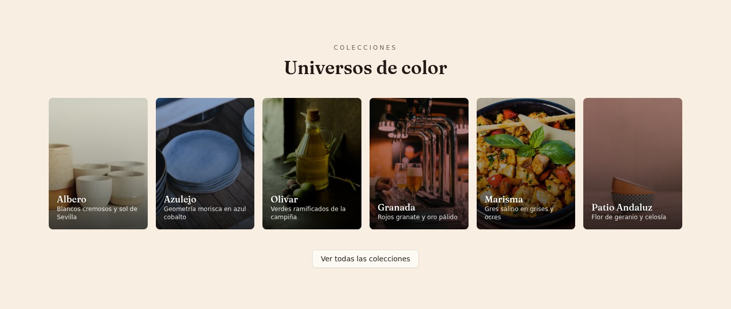 Sección de colecciones de la tienda con los universos de color de Solera