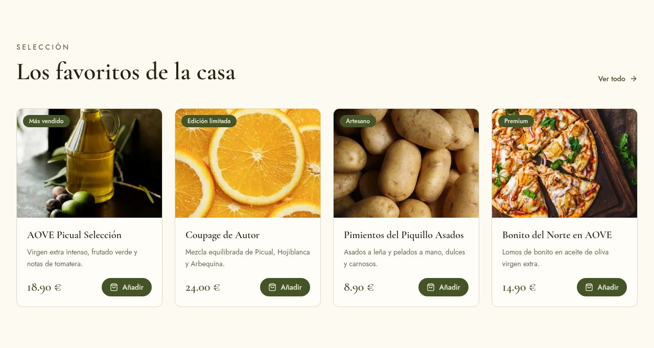 Selección de productos favoritos de la casa con botón de añadir al carrito