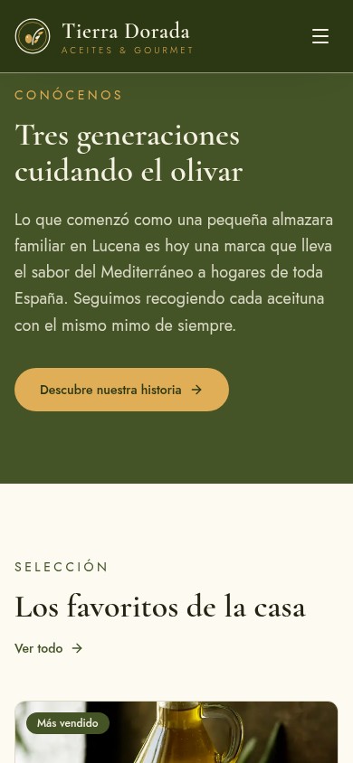 Versión móvil de la tienda de Tierra Dorada con el hero del olivar