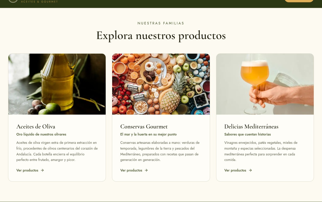 Sección de familias de producto: aceites, conservas gourmet y delicias mediterráneas